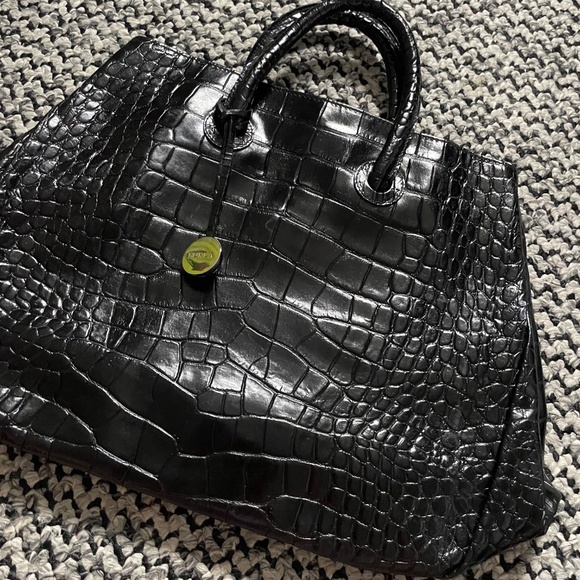 Furla Black Crocodile-Embossed Leather Tote Bag Chic - Picture 2 of 8